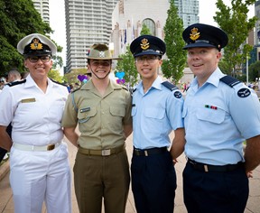 DEFGLIS transgender peer support Four DEFGLIS members in service dress attending Mardi Gras 2020